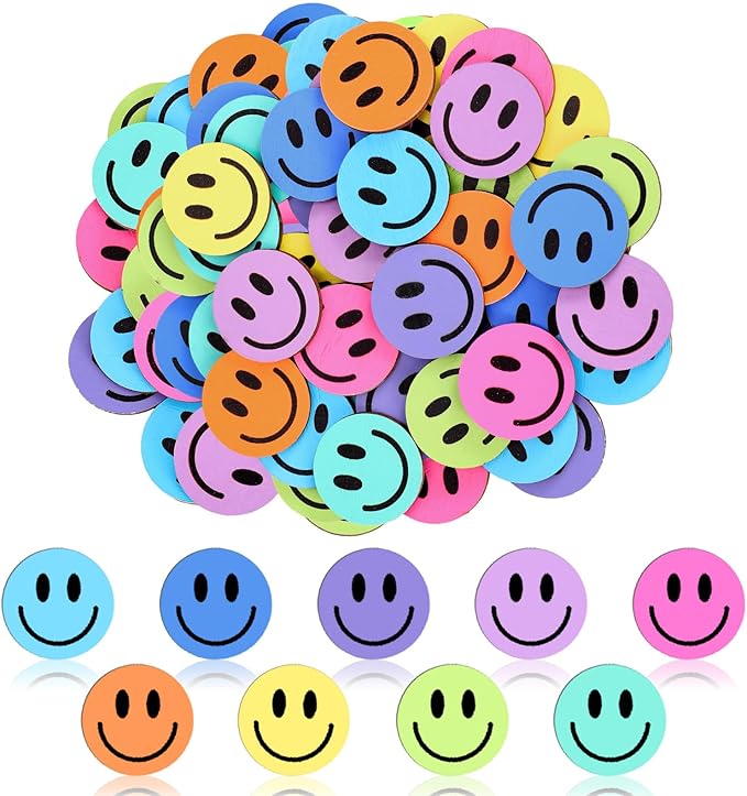 JarThenaAMCS 45 Pcs Smile Extra Tokens for Reward Jar Colorful Happy Face Wooden Cutouts with Linen Pocket 9 Colors Wooden Tokens for Back to School Student Teacher Home Classroom