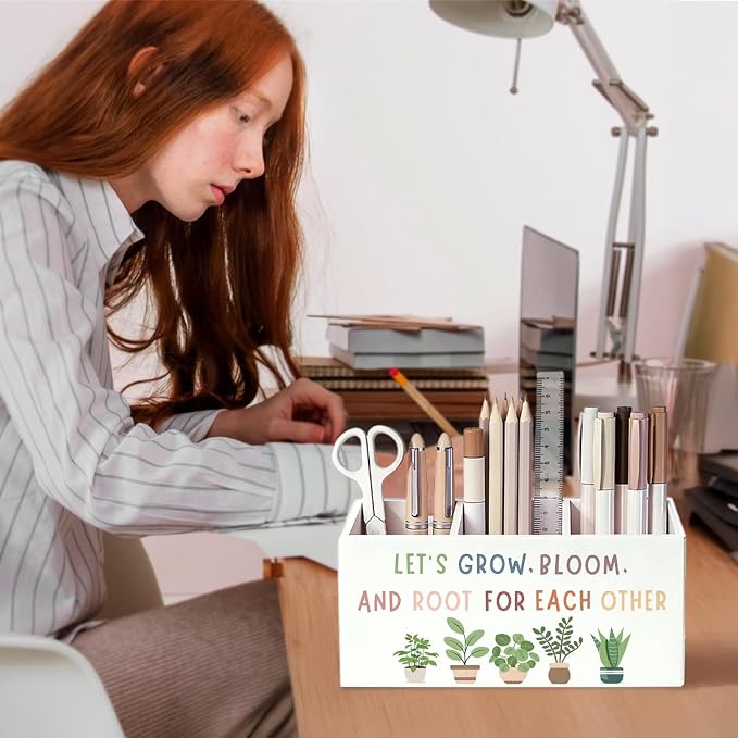 Boho Mental Health Classroom Pen Pencil Holder for Desk, Let's Grow Bloom and Root for Each Other Motivational Wooden Box Sign Decorations for Therapy Counselor Office Desk Tabletop