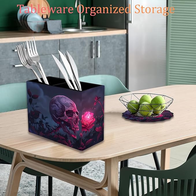 Pen Holder and Anti-Slip Mouse Pad Combination, Makeup Brush Storage Box, Tableware Storage Box, Suitable for Office and Home - Rose Skull