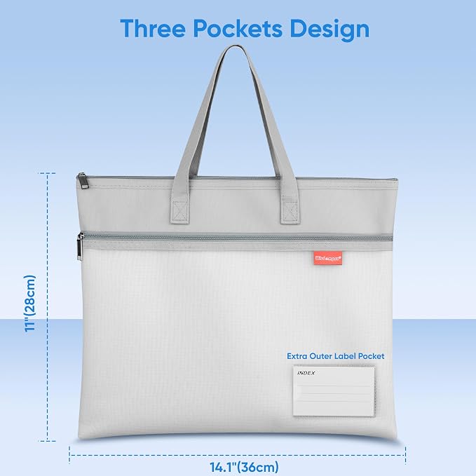 Wisdompro Triple Pocket Zipper Pouch with Handle, Letter Size Mesh File Bag, Water-Resistant Document Storage for Cross Stitch, Puzzle Project, Travel and Office - Grey