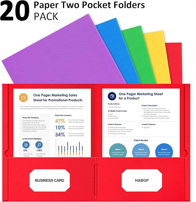 HABGP Two Pocket Folders, 20 Pack Paper Folders with Pockets Fit 8.5 x 11 Letter Size Paper, 20 Assorted Colors File Folders with Pockets and Business Card Slots for School Office Home Business