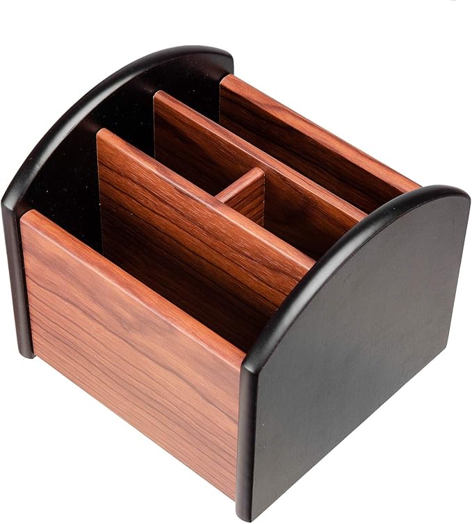 Revolving Wooden Desk Organizer 4 Compartment Remote Control Holder Brown Black Spinning Office Supplies Caddy Tabletop Storage Desktop Rotating Stationery Accessory Sorter Home