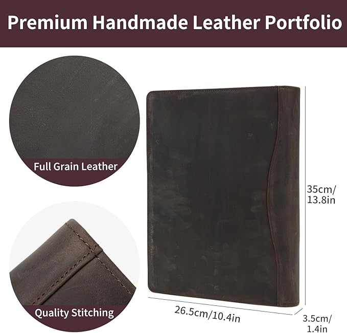 Genuine Leather 3 Ring Binder, 8.5 x 11 Letter Size Folio with Pen Holder, Soft Notebook Portfolio Cover, Slim Notepad Padfolio Thin File Organizer for Work Executive Meeting, Dark Khaki