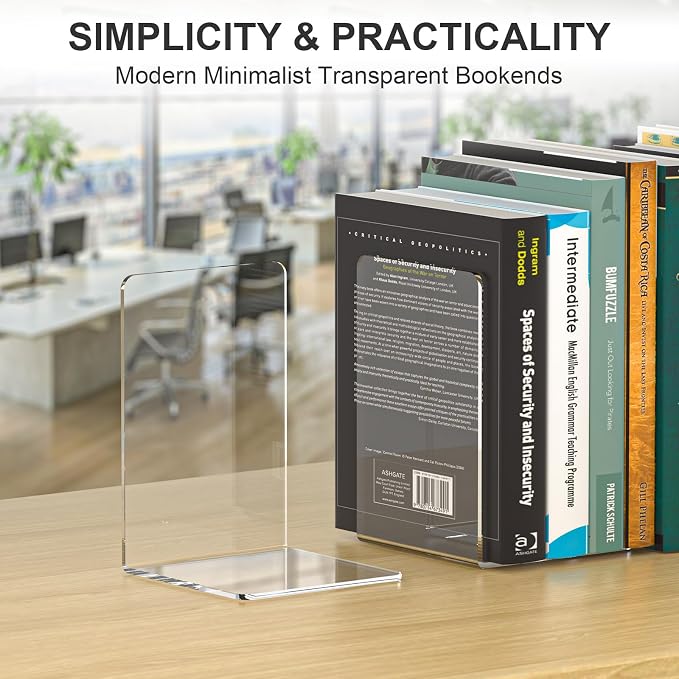 VFINE Acrylic Bookends 8 Pieces, Book Ends for Shelves, Clear Bookends for Shelves Decor Book Ends for Desktop Organizer, Book Stopper for Home Office School Supplies, 7 * 4.8 * 4.75 inch