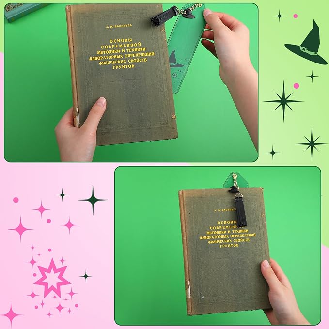 Skyygemm 2 Pcs Leather Witch Bookmark Set Print Witch Book Accessories Pink and Green Bookmark for Bookish Lover Gift Movie Musical Fans Gift Party Favors