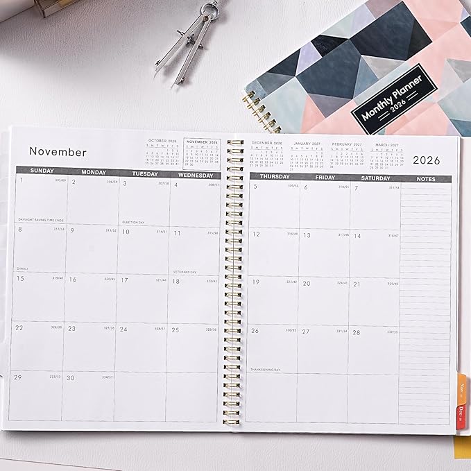 2026 Monthly Planner - Large Monthly Planner 2026, JAN. 2026 - DEC. 2026, 9" x 11", Tabs & Note Pages, Spiral Binding, Thick Paper, Back Pocket