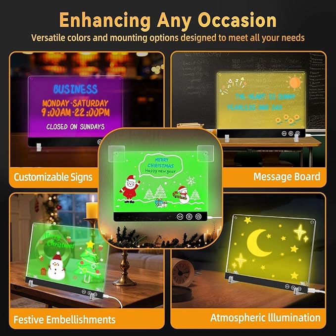 LED Magnetic Note Board with 11 Light Modes, 11.8"x7.9" Desktop Acrylic Dry Erase Board with Light, Magnetic Glowing Message Board with Stand & Hanging Chain, Professional Desktop Signage for Office