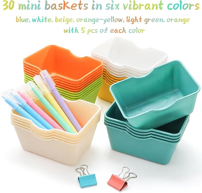 WUWEOT 30 Pack Mini Storage Baskets Bins, Plastic Small Classroom Organizer Tray Bulk, Colorful Rectangular Pencil Container for Drawer Desk Bathroom Home Office School