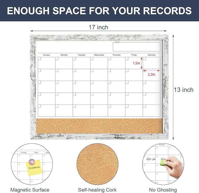 Dry Erase Calendar for Wall, 17x13 Inches Whiteboard Calendar Cork Board Combo, Magnetic Small White Board with Wood Framed, Hanging Dry Erase Board for Office Kitchen Home Planner Memo
