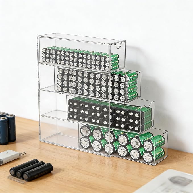 2 Pack Clear Acrylic Battery Storage Organizer for AA, AAA, C, 9V Batteries, 4-Drawer Battery Organizer for Common Types Batteries(Batteries Not Included)
