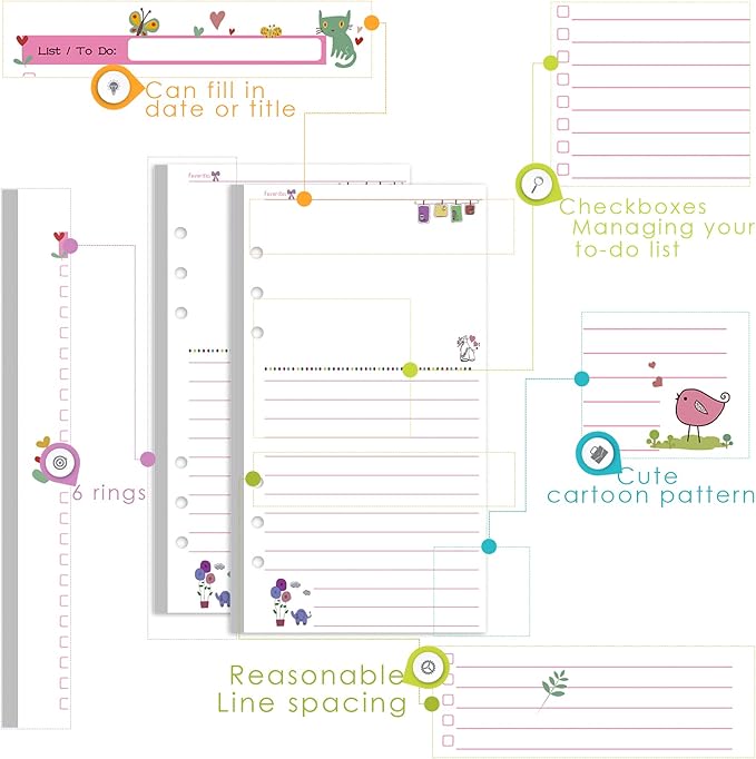 Rancco A6 Planner Inserts to Do List, 90 Pages Colorful 6-Ring Loose-leaf Planner Refills w/Binder Divider, Zipper Pouch, Ruler, Index Tab for Personal Journal, Filofax, Double-sided,Undated,6.9x3.7"
