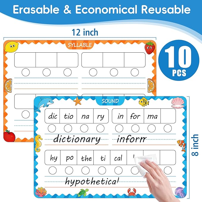 10 Packs of Phonemic Awareness Dry Erase Boards, Double-Sided Writable and Erasable for Phonics Learning, English Syllable and Sound Practice – Homeschool, Teacher and Student Supplies for Classrooms
