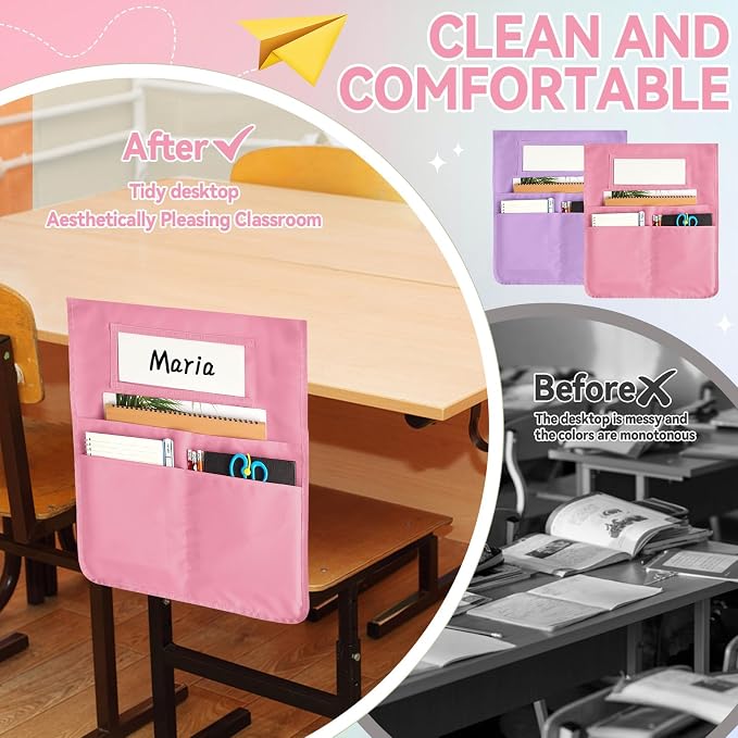 gisgfim 12 Pcs Chair Pockets for Classroom 16.7 x 19.3 Inch s with Name Tag Chairback 3 Pockets Chairs Seat Back Organizer for Elementary School Daycare Home Supply (Pastel Pink)