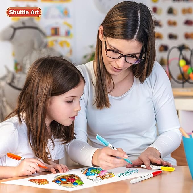 Shuttle Art Permanent Markers, 48 Colors Fine Point, Assorted Colors with Travel Case, Ideal for Adults Coloring Doodling on Plastic, Glass, Wood and Stone, Gift for Students