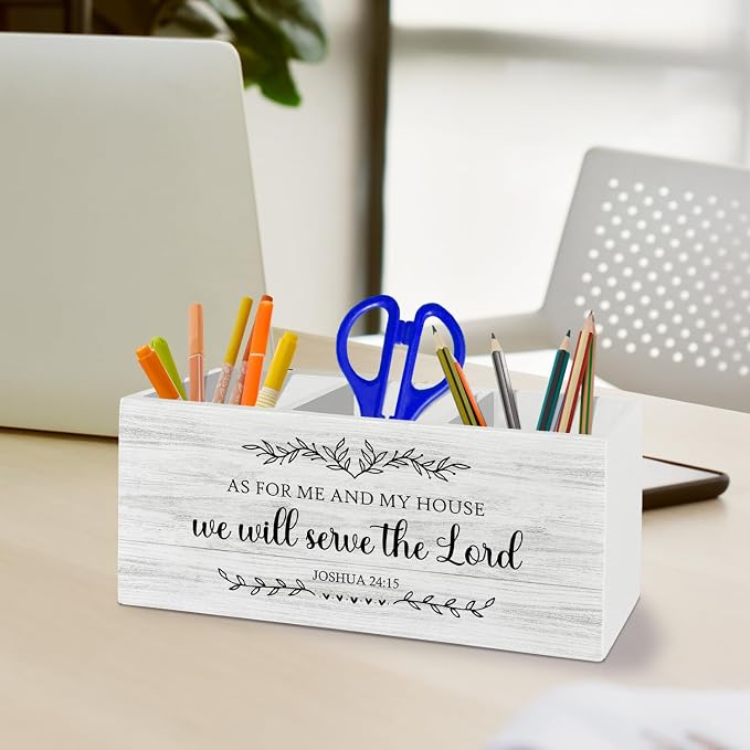 Christian Gifts for Women Men, Christian Pen Pencil Holder Organizer for Desk Accessories, Joshua 24:15 Bible Verse Scripture Wooden Box Sign Desk Decor for Home Office Decoration