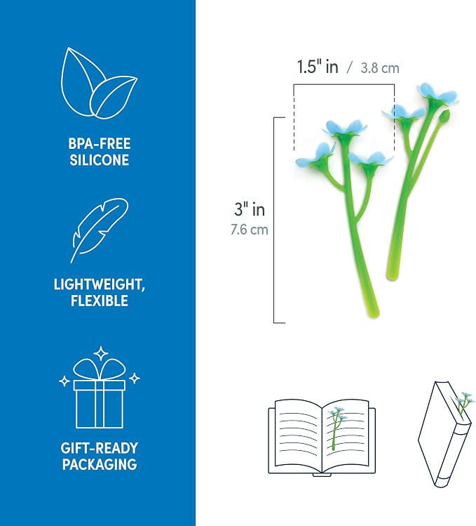 Genuine Fred Forget ME NOT Flower Bookmarks – Set of 2 Blue Flower Page Markers – Soft and Flexible Silicone - Gifts for Readers and Book Lovers