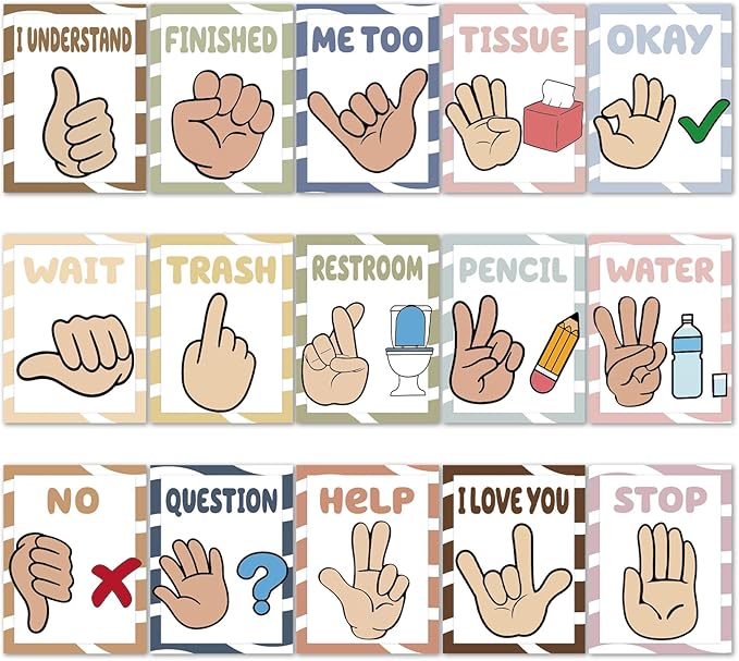 MotiMind 15 Pcs Classroom Hand Signal Cards Signal with Adhesive Tapes Decor Classroom Learning Bulletin Board Hand Signals Language Posters for Teachers Students Visual Cues(Morandi)