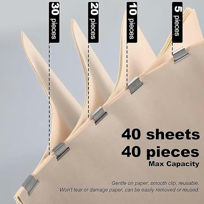 Clam Clip Dispenser - 50 Reusable Binders, Stackable Design, Punch Free Stapler, Reusable Push Stapler | Binder Clips Suitable for Home, School, Desk, and Office