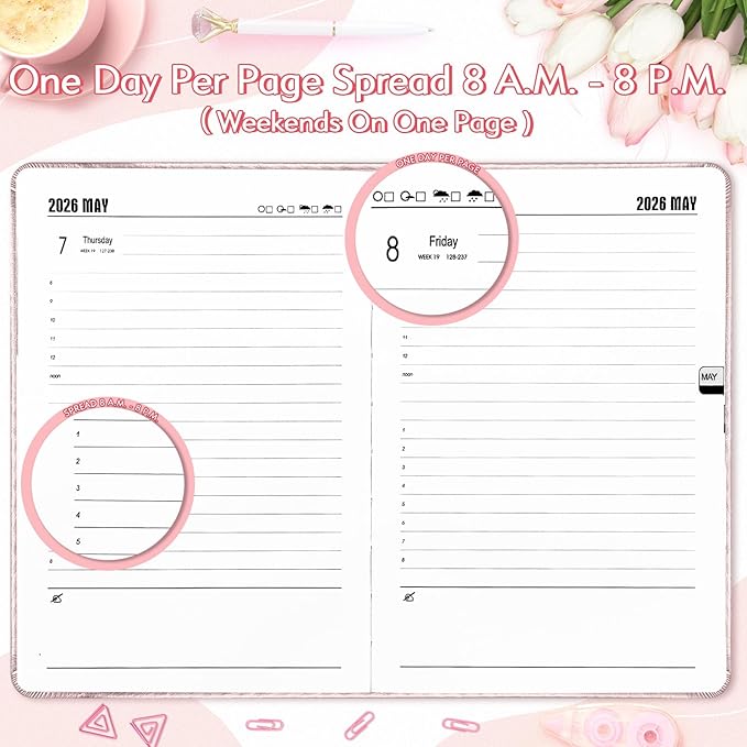 KESOTE Daily Hourly Planner 2026 Full Page per Day, 2026 Diary 5.7 x 8.3 Hardcover Appointment Book Agenda 12 Month, A5 Diary Notebook Planner Christmas Gift, Rose Gold