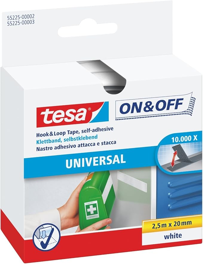 tesa On & Off General Purpose Stick on Tape - Self-Adhesive Hook & Loop Tape for Quick Fastening of Light Objects - White, 2 cm x 250 cm