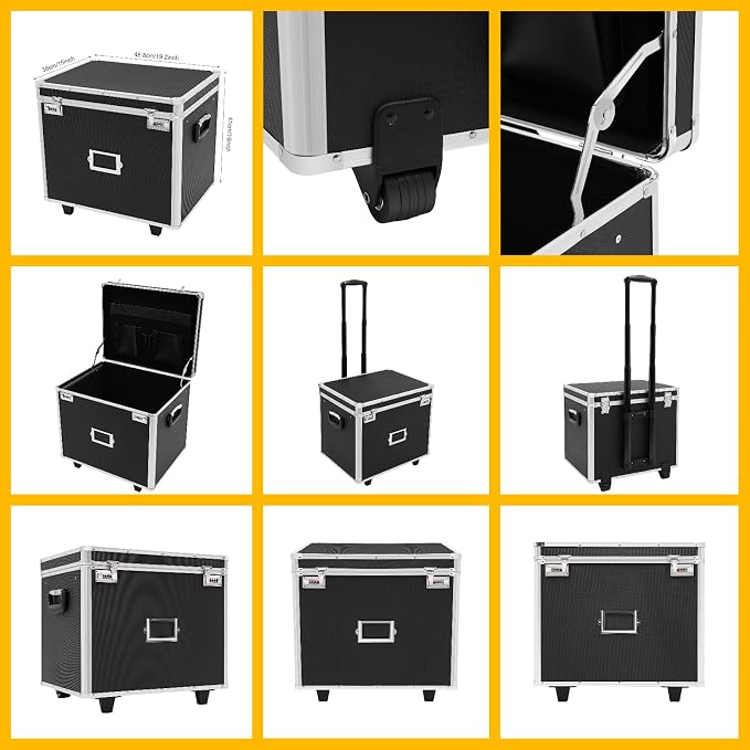 Locking Storage Box, Aluminum Alloy Rolling File Case with Lock, Portable Mobile Luggage Compartment with Wheels & Handle, Secure Confidential Items Organizer for Home Office, 19.2 * 15 * 16in Black