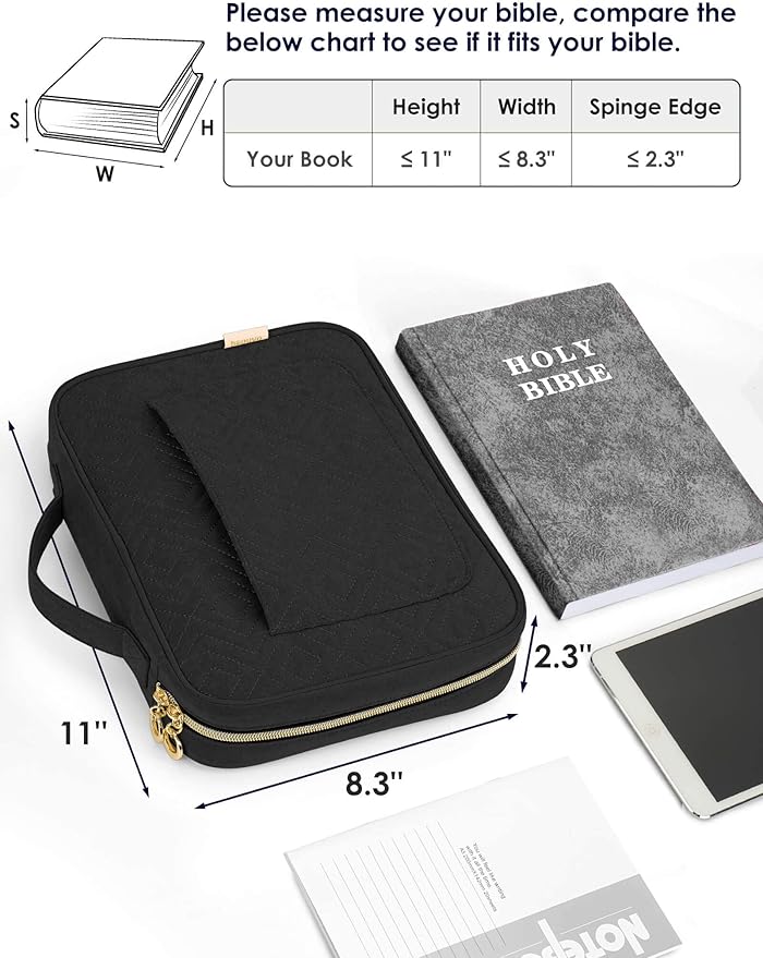 heouvo Bible Cover Case for Women, Bible Study Supplies, Bible Journaling Kit, 6 No Bleed Bible Highlighters and Pens, 75 Bible Tabs, Large Size Zippered Bible Bags (Black)