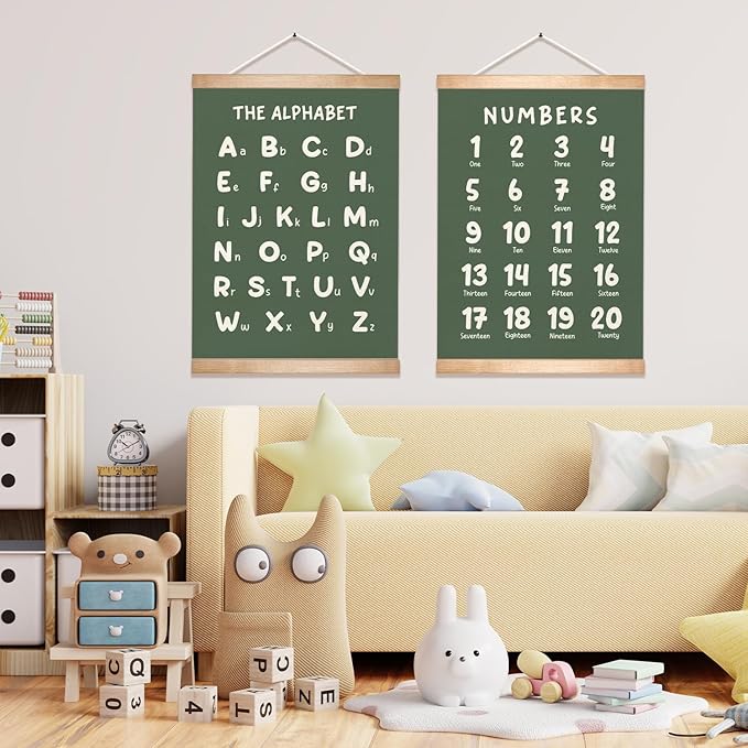 Educational Wall Art Set of 2, Numbers 1-20 and Alphabet Chart, Learning Posters for Toddler ,ABC Banner Poster, Banner Wall Hanging Decor for Toddler Room Playroom Nursery Wall Classroom Decor (Green)