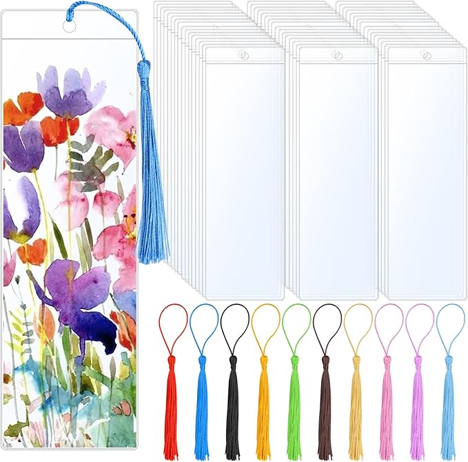 200 PCS Clear Bookmark Sleeves, Blank Bookmark Holder Sleeves with Tassels, Photo Booth Sleeves with Hole, Book Marker Cover for Reading, Office, Wedding, Gift Tags, 7 x 2.3 inches