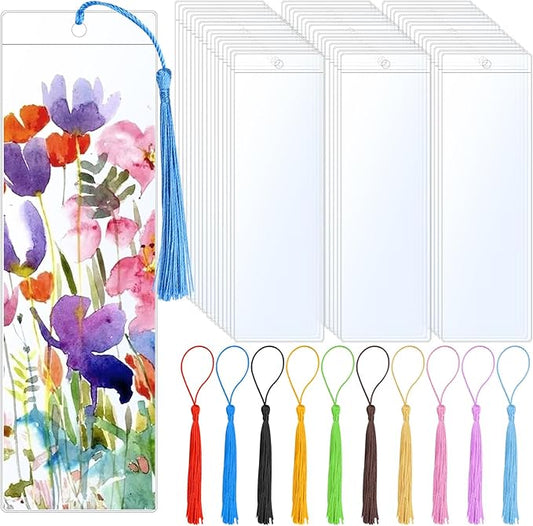 200 PCS Clear Bookmark Sleeves, Blank Bookmark Holder Sleeves with Tassels, Photo Booth Sleeves with Hole, Book Marker Cover for Reading, Office, Wedding, Gift Tags, 7 x 2.3 inches