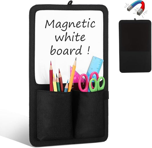 Briwooody Magnetic Locker Organizer 7.8 x 12.6 Inch Locker Accessories Magnetic White Board with Holder Bag Back to School Holder Bag First Day of School Supplies for Cabinet Refrigerator(Black)