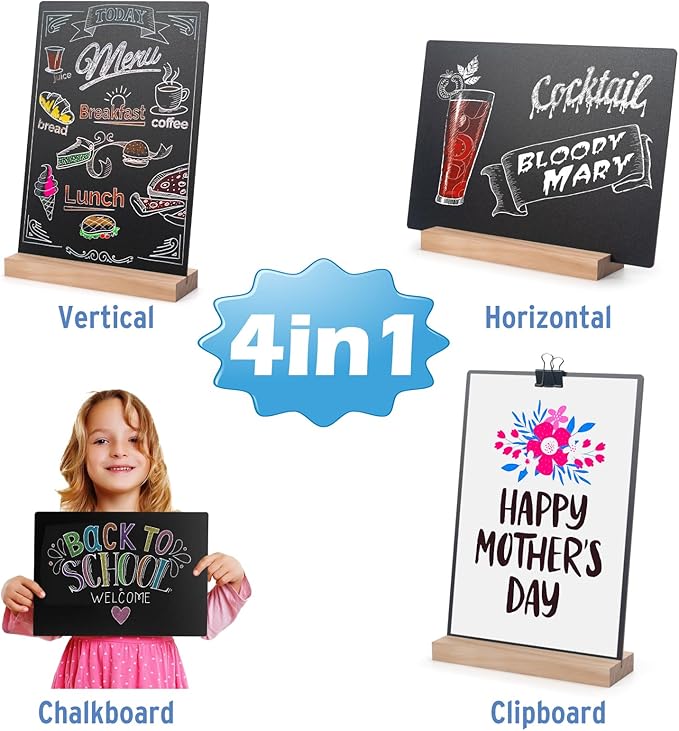 ONUPGO Set of 4 Tabletop Chalkboard Sign with Base Stand, 8 x12 Inch Menu Chalk Board Sign Store Food Signs, Message Boards for Party, Wedding, Tables Decoration, Bar and Restaurant