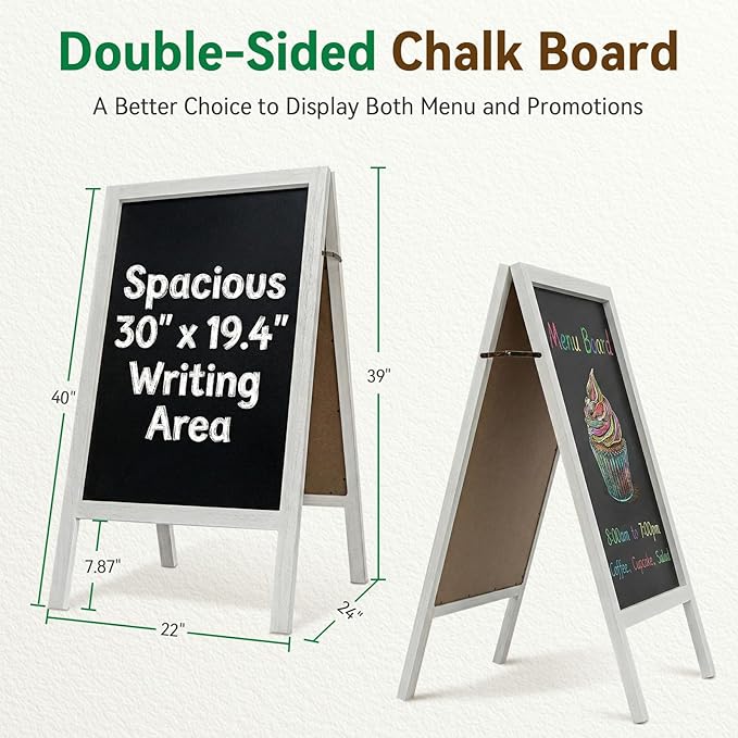 TEAKMAMA Extra Large Wooden 40x22 Chalkboard, Double-Sided Sidewalk A Frame Chalkboard Sign, Sturdy Sandwich Board for Restaurant, Business or Wedding,White