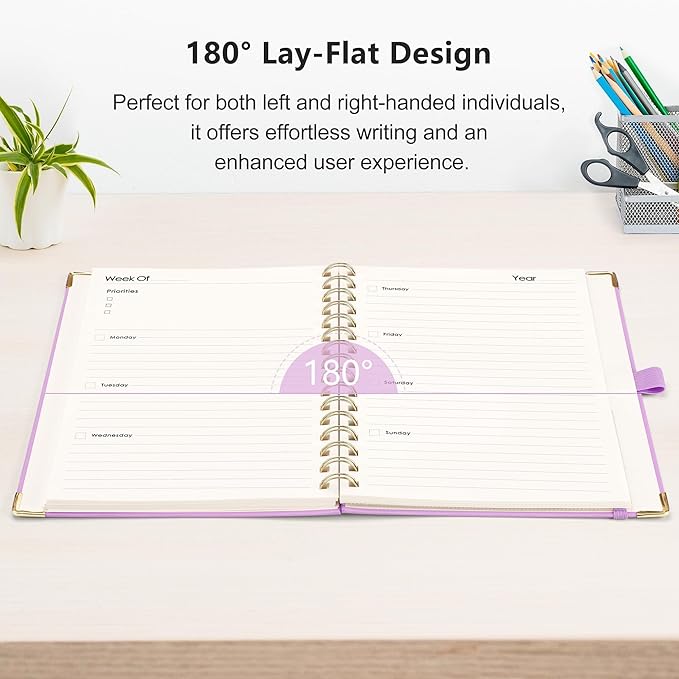RETTACY Undated Planner, Weekly and Monthly, 53 Weeks and 12 Months, Medium Size (5.7" x 8.3"), 24 Self-adhesive Monthly Tabs, Hardcover, 100 GSM Thick Paper, Spiral-bound (Lilac)