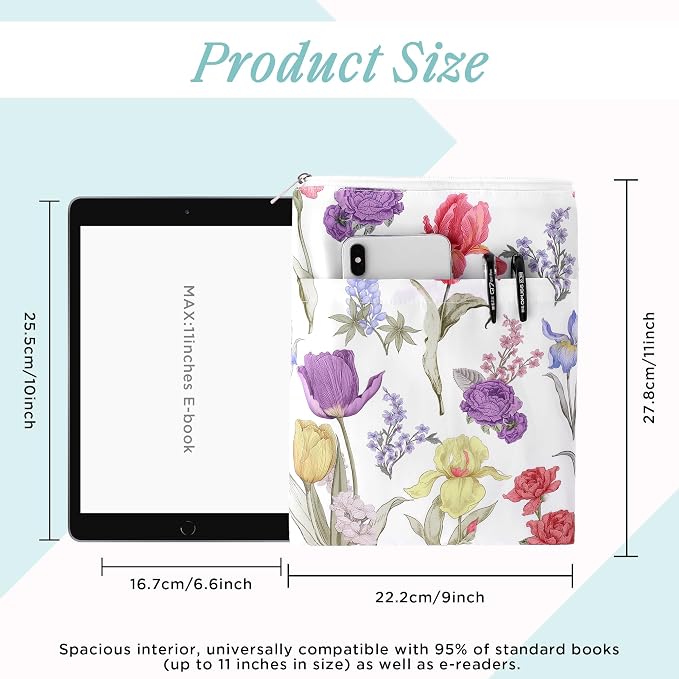 Book Sleeve with Zipper, 11''x 9'' Waterproof Paperback Sleeve for Book Lovers Books Pouch Cover with Handle for Hardcovers Kindle Sleeve for Reader Teacher Women (Pinkish-Purple Flowers, 11x 9 inch)