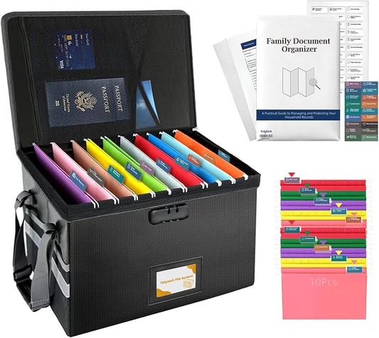 Deluxe Pro Large Next of Kin Box Organizer with 50-Page Family Document Guide, Fireproof Foldable File Organizer with Combination Lock, 10 Hanging Files and 115 Category Labels (15.7"L×12.2"W×10.6"H)