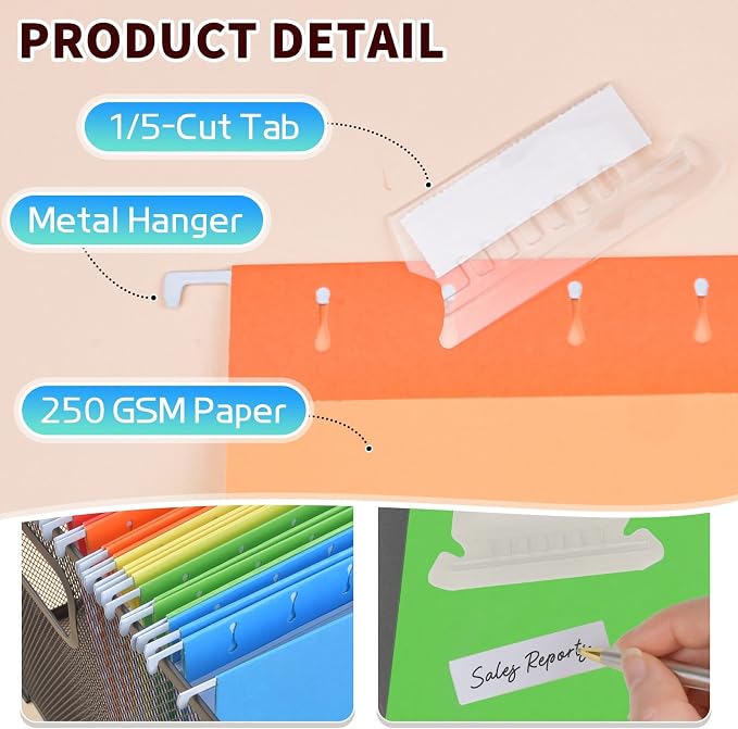 25-Pack Assorted Hanging File Folders,Letter Size with 35 Transparent Label Cards,50 Sticker Labels,1/5-Cut Tabs–Home Office & Filing Cabinets