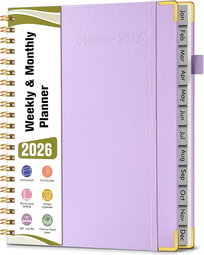 2026 Planner, Hardcover Leather Weekly and Monthly Planner, January 2026 - December 2026, Spiral Yearly Agenda Organizer Book 2026 with Tabs, Daily Calendar Planners for School Work Home, A4 (8.5" x 11"), Purple