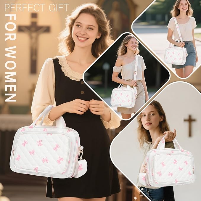 Bible Cover Case for Women Bible Study Supplies Church Camp Essentials Christian Gifts for Women Journaling Kit Quilted Large Bible Book Sleeve (Pink Bow, Large)