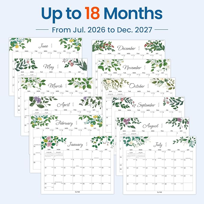 SUNEE Wall Calendar 2026-2027 18 Months Jul. 2026 - Dec. 2027, 14.5"x11.5" Big Grid Hanging Calendar with Note for Organizing & Planning, Monthly Calendar 2026-2027 with Last Month and Next Month, Greenery