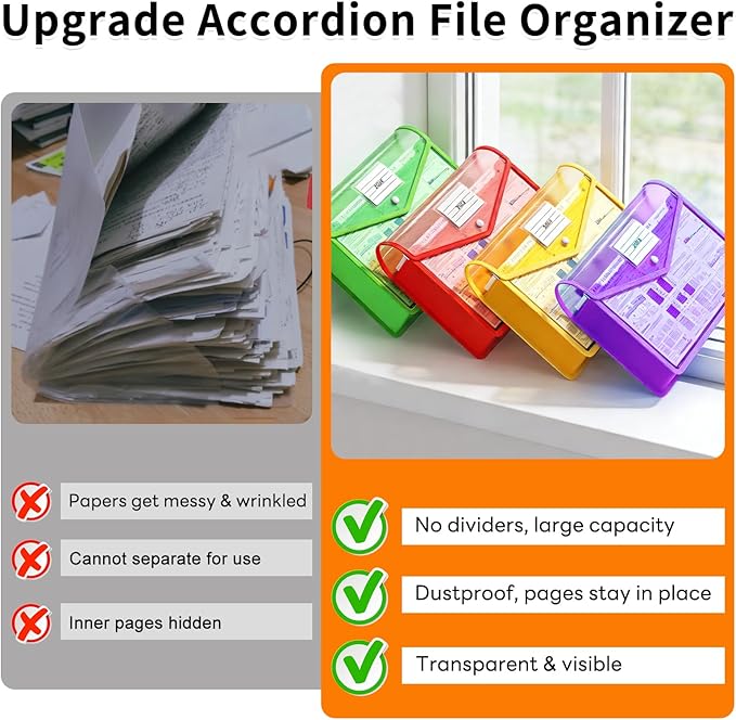 10 Pack Plastic Expanding File Folder, Transparent Folders for Documents with Snap Closure, Large Capacity, No Dividers, Fit Letter/A4 Size, 9 Colors for Tax, Office & Home School Organizer