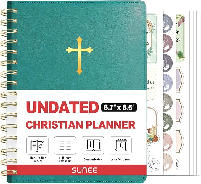 SUNEE Christian Planner - Undated 12 Month Bible Journal and Prayer Planner A5 Spiral Bound, Monthly & Weekly Christian Organizer Gifts for Women Men (Pacific Green)