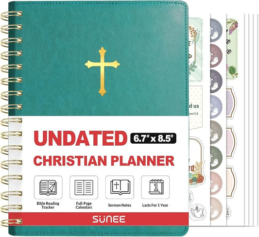 SUNEE Christian Planner - Undated 12 Month Bible Journal and Prayer Planner A5 Spiral Bound, Monthly & Weekly Christian Organizer Gifts for Women Men (Pacific Green)