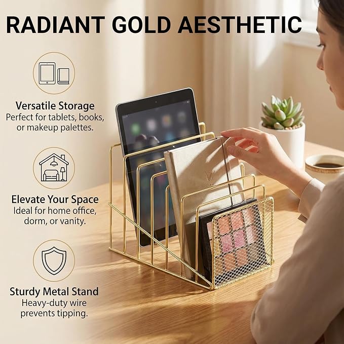 2 pcs Incline File Sorter, 7 Slot Magazine Holder for Letter, Document, Folder and Book, Metal Desktop Organizer Rack for Home, School and Office (2-gold)