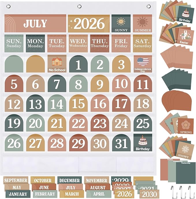Sinload Classroom Calendar Pocket Chart Set Calendar Bulletin Board Set Seasons Festival Weather Pocket Chart for Classroom Decoration Back to School Supplies(Modern Boho 2,White)