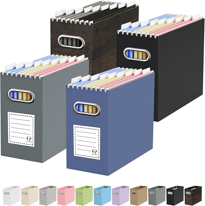 Oterri File Organizer Box, Portable Collapsible Cardboard File Folder Organizer with Handle for Letter Size Hanging Files, Document Storage Box for Home Office & Classroom (4 Packs,Assorted Colors)