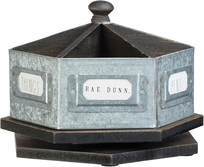 Rae Dunn by Designstyles Rotating Decorative Organizer – Steel Desktop Stationary Spinner Holder - 6 Compartment Table, Dresser and Counter Top Pen and Pencil Cup - Office, Home and Art Supplies