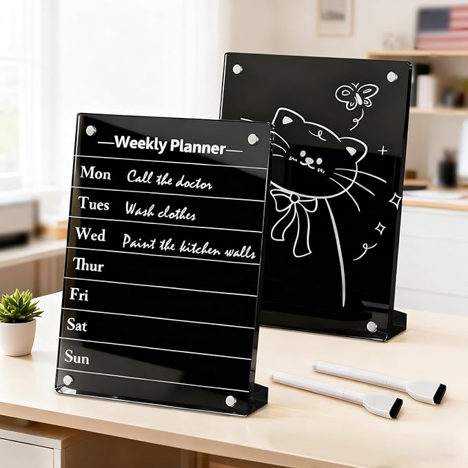 2PCS Black Acrylic Weekly Dry Erase Board Desktop, 8x6 Small Magnetic Whiteboard with Stand for Table Fridge Calendar Memo Board, Daily Planner Blackboard Easel for Office, School