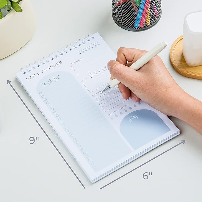 Daily Planner To Do List Notepad 60 Undated Pages,Pastel Blue,Twin-ring Spiral Bindling 6x9 Inch Desktop Daily Planning Notepad with Protective Cover, Water Intake, Habit Tracker