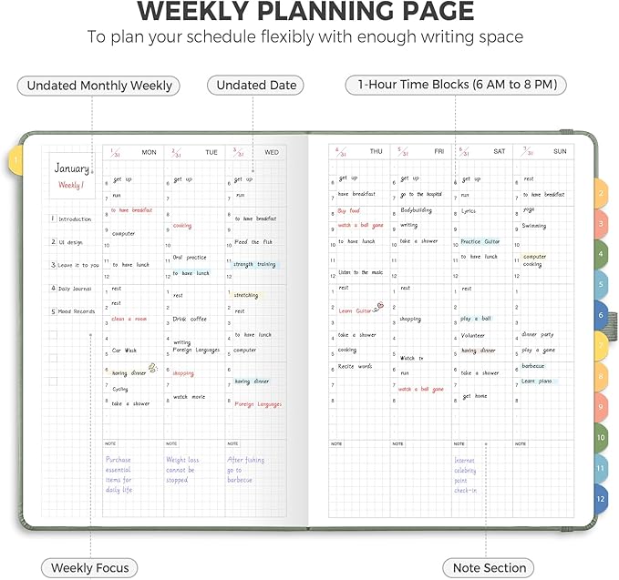 Undated Appointment Book, Hourly, Daily, 52 Weekly & 12 Monthly Planner, 6 AM - 8 PM, Medium Size (5.7" x 8.3"), Leather Hardcover, 12 Self-adhesive Monthly Tabs (Light Green)