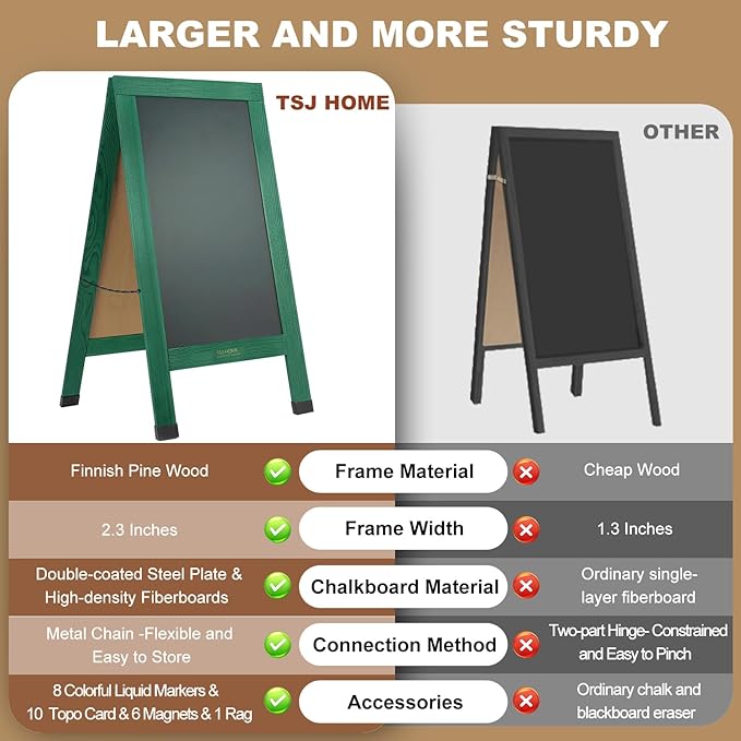 Wood Magnetic A-Frame Chalkboard Signs, 40" x 20" Large Sandwich Board Signs Outdoor, Double-Sided Sidewalk Blackboard for Business, Wedding, Vendor Display, Coffee Shope - Green